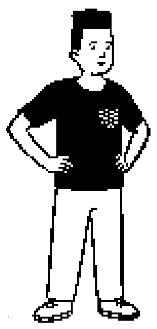 Outline of a man standing with hands on hips wearing a t-shirt, pants, and shoes.