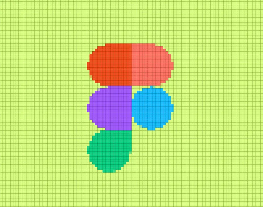 Pixelated Figma logo with red, purple, blue, and green shapes on a yellow grid background.