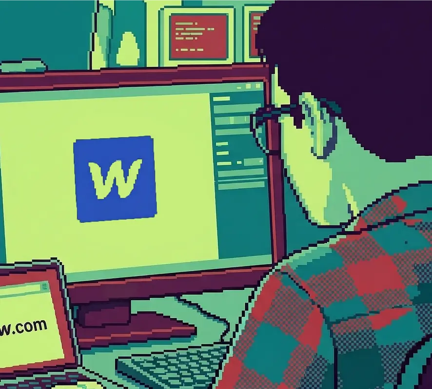 Pixel art of a person wearing glasses working on a computer with a blue W logo on screen.