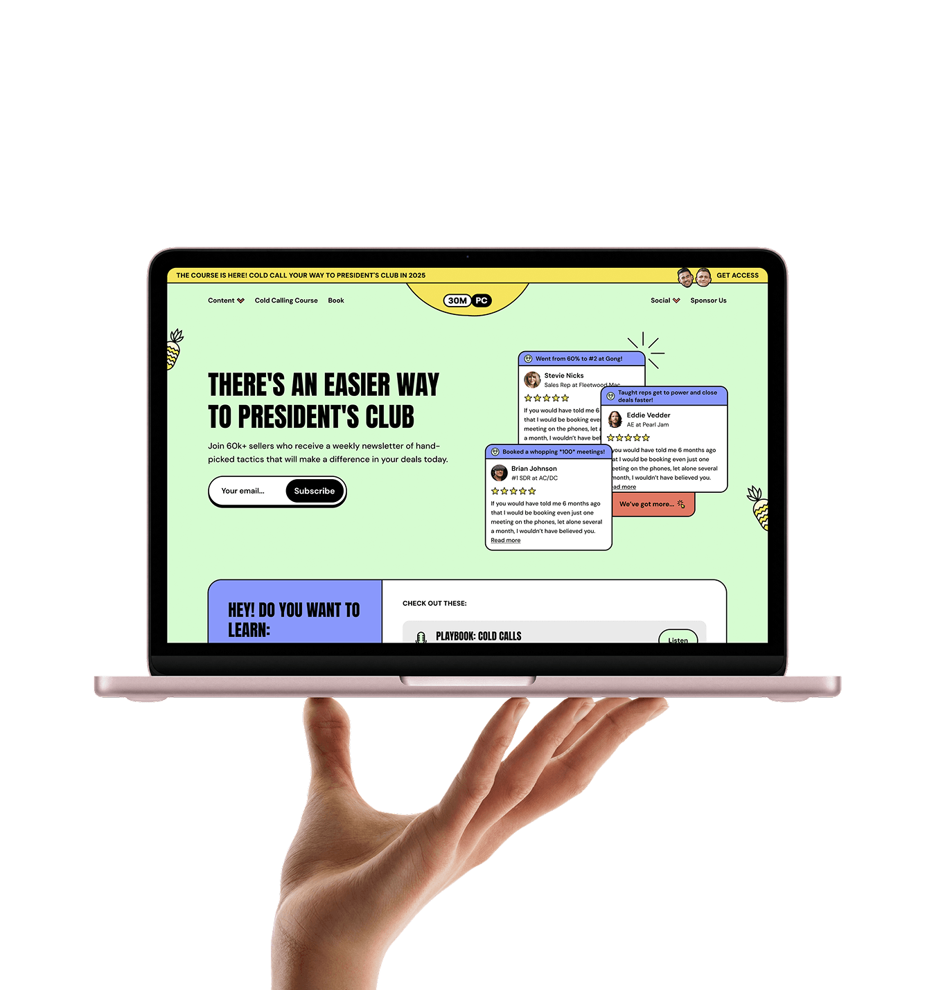 Hand holding a laptop displaying a page about President's Club sales tips with subscription form and testimonials.