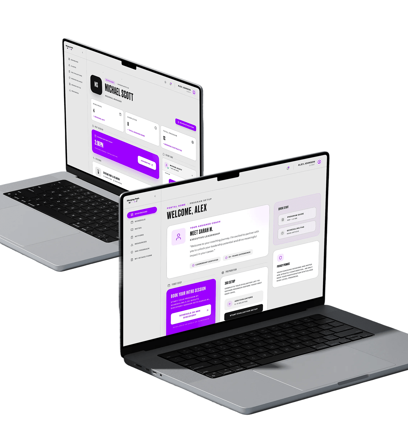 Two laptops displaying coaching program dashboards with purple and black interface elements.