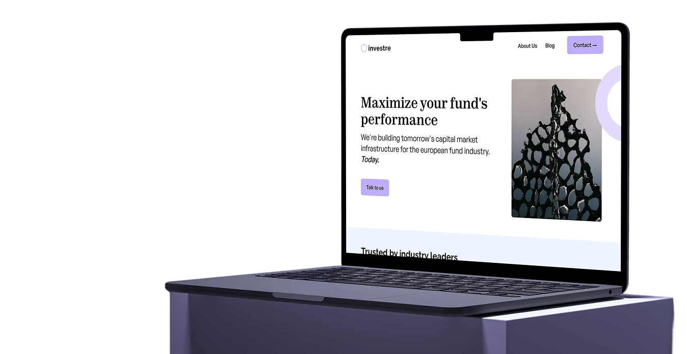 Laptop displaying Investre webpage titled Maximize your fund's performance with a purple contact button.