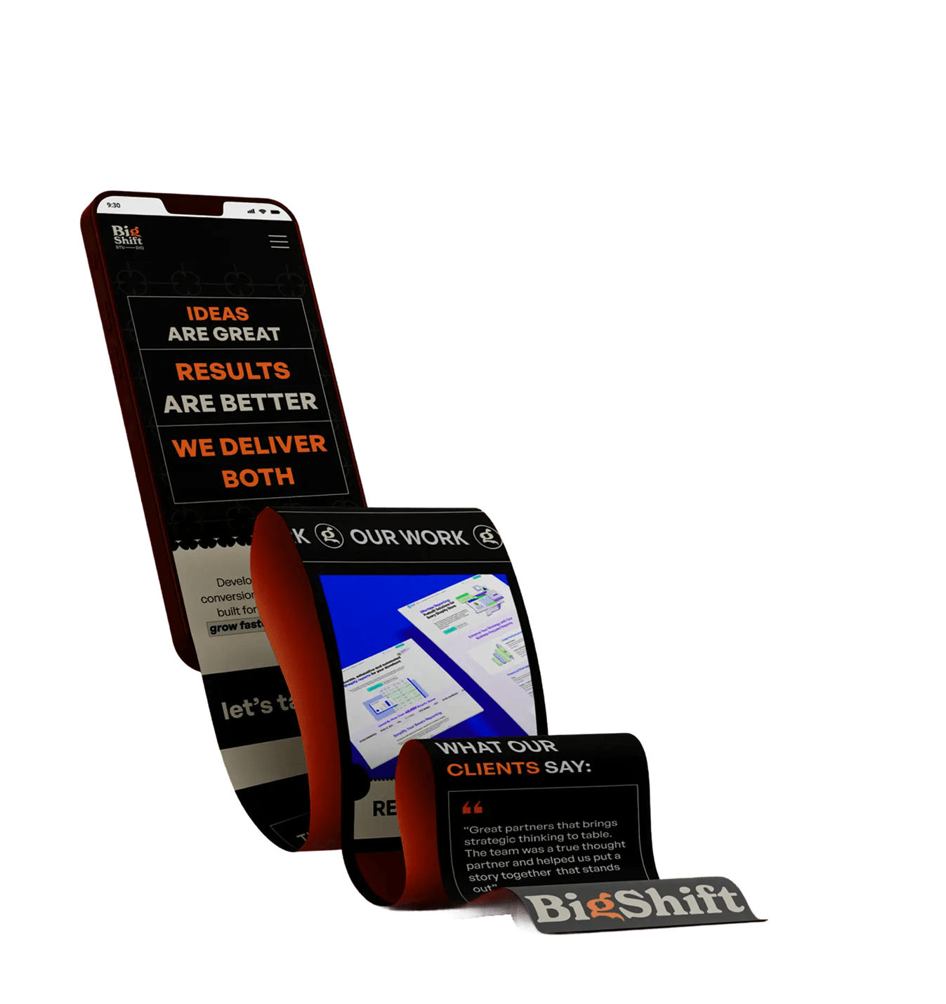 Curved digital display showing Big Shift website with slogans, client testimonials, and work samples.