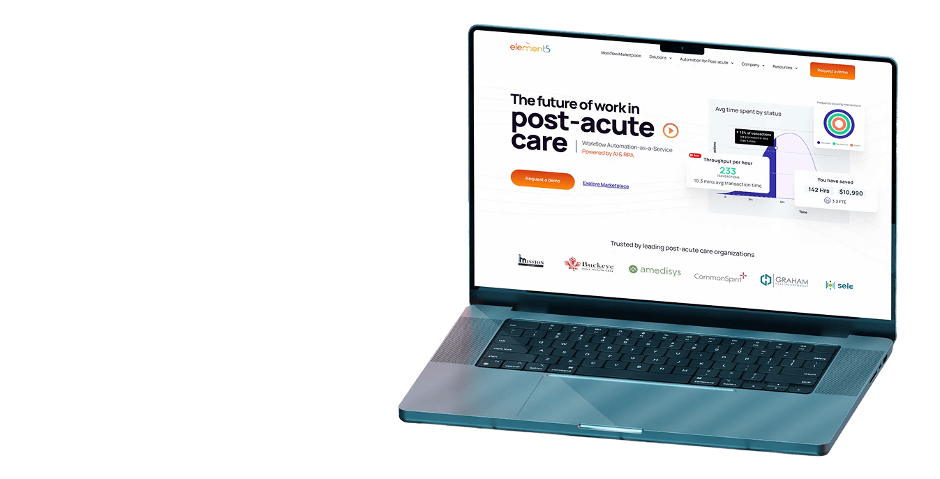 Laptop showing Element5 website about post-acute care workflow automation with charts and logos.