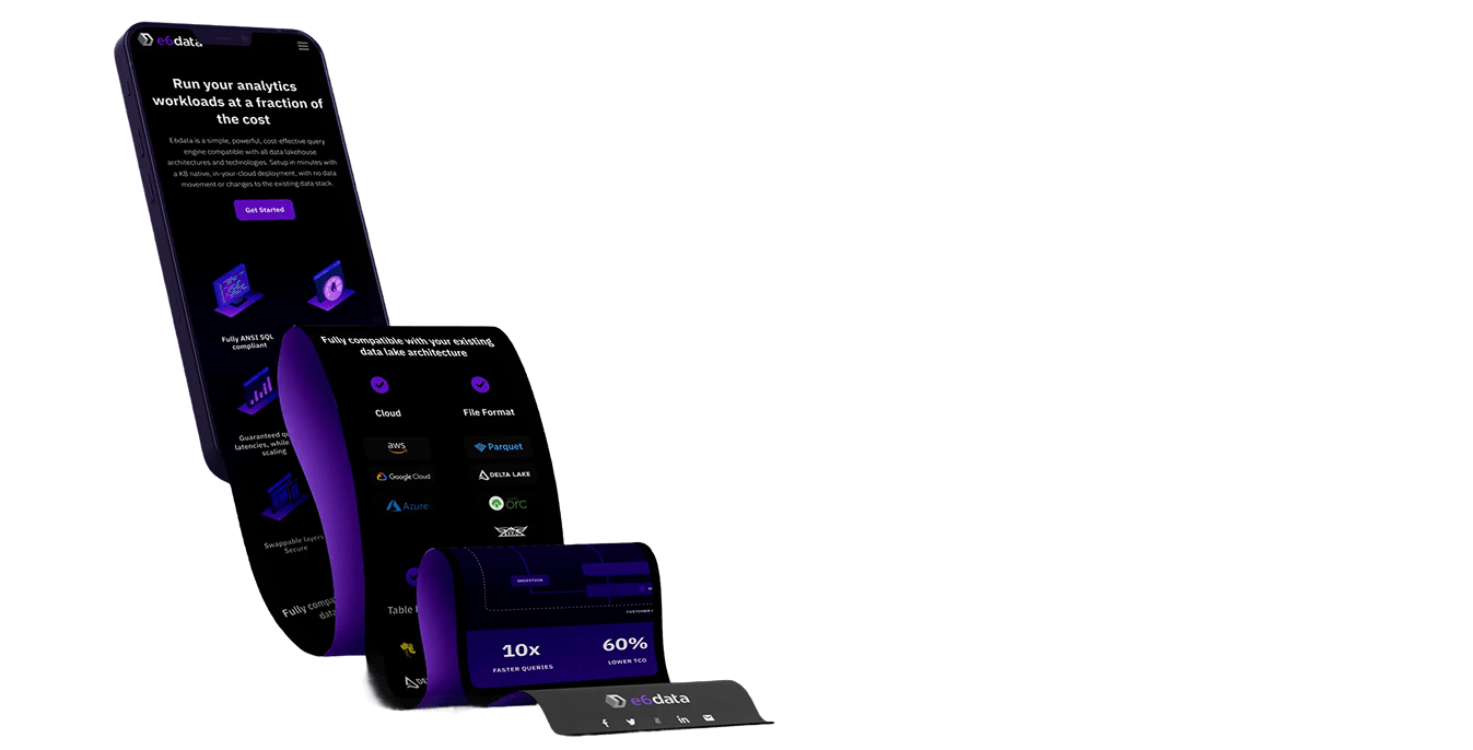 Curled digital screen showing e6data analytics platform features, compatibility, and performance stats.