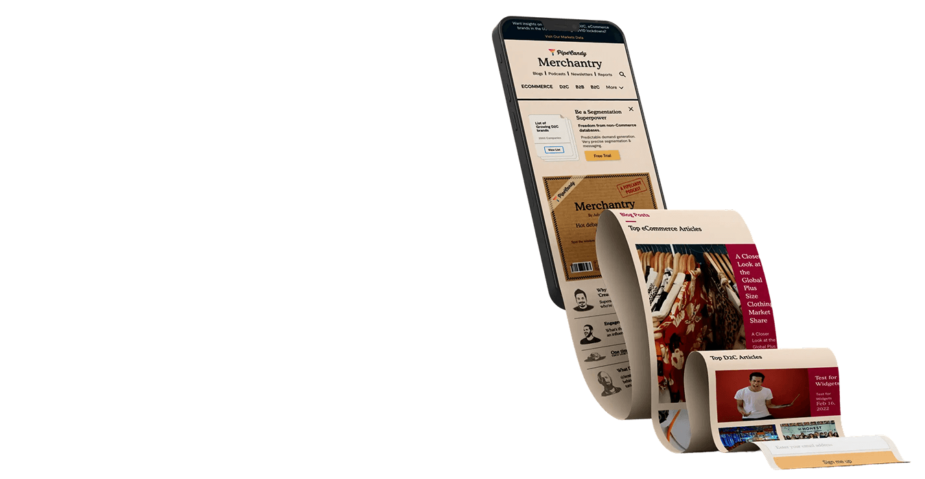 Smartphone with a long, curled web page showing articles and a newsletter signup form.