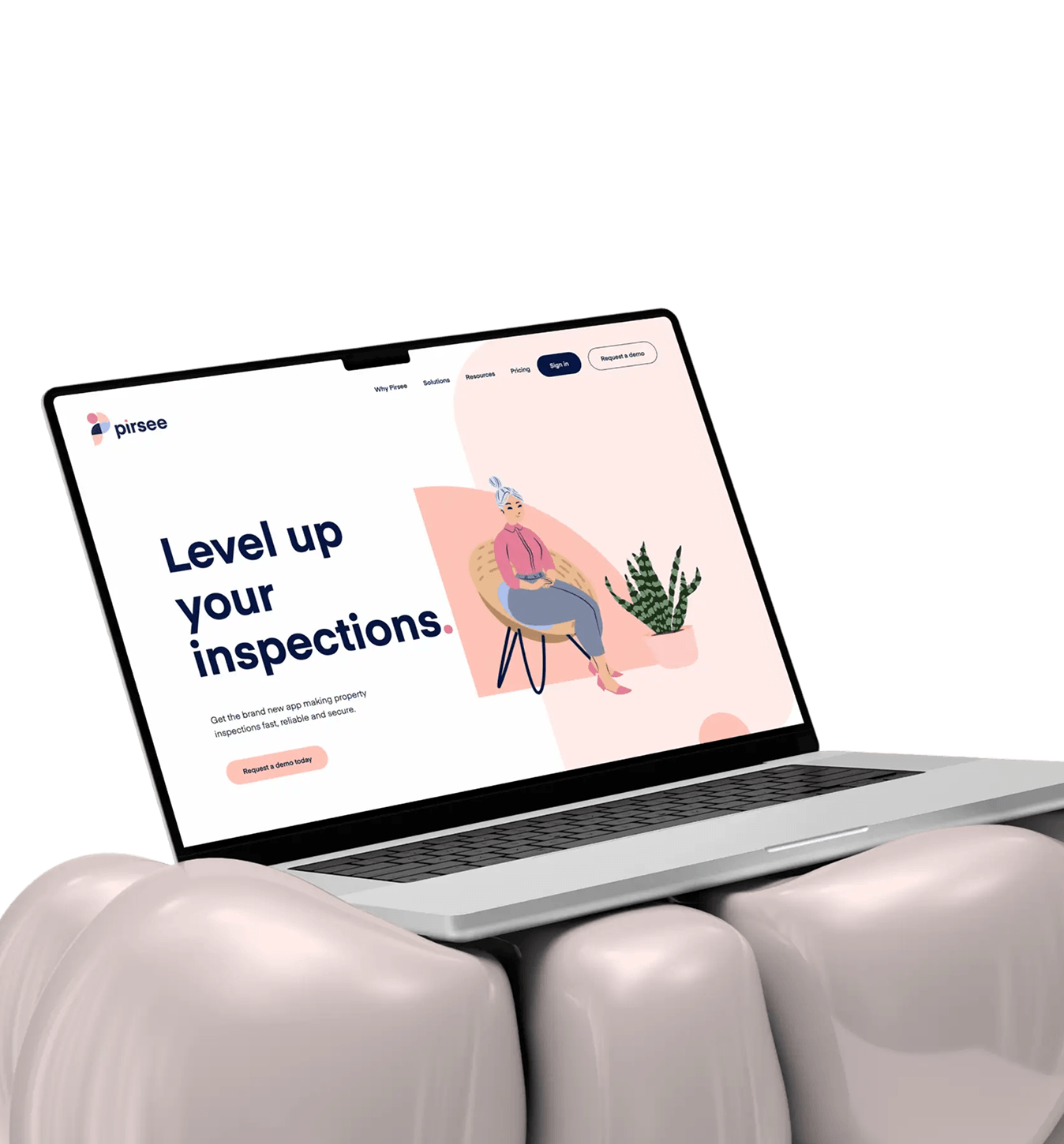 Laptop displaying a website with text 'Level up your inspections' on a glossy tooth model background.