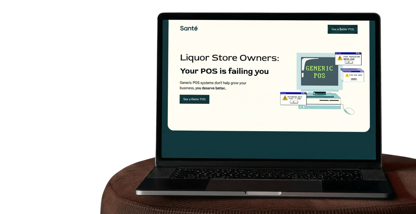 Laptop screen showing message for liquor store owners that generic POS is failing them with a button to see a better POS.