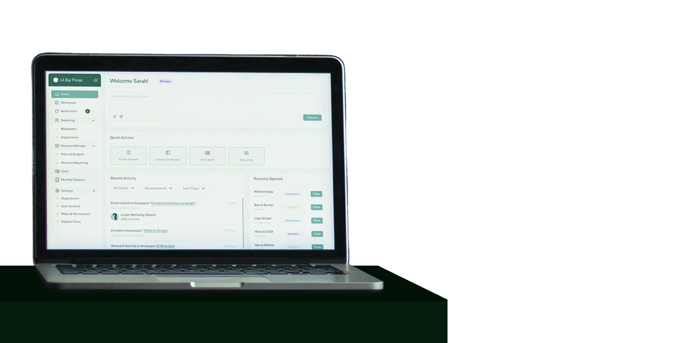 Open laptop displaying a project management dashboard with welcome message, navigation, and activity lists.