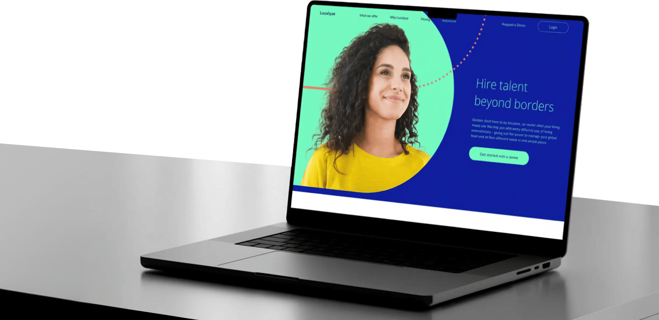 Open laptop on desk displaying talent hiring website with woman portrait and blue-green interface.