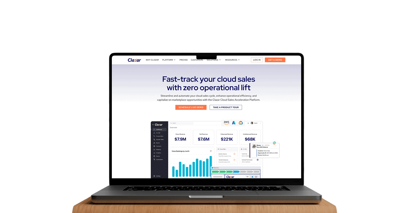 Open laptop on wooden surface showing Clazar cloud sales platform dashboard with revenue and booking stats.