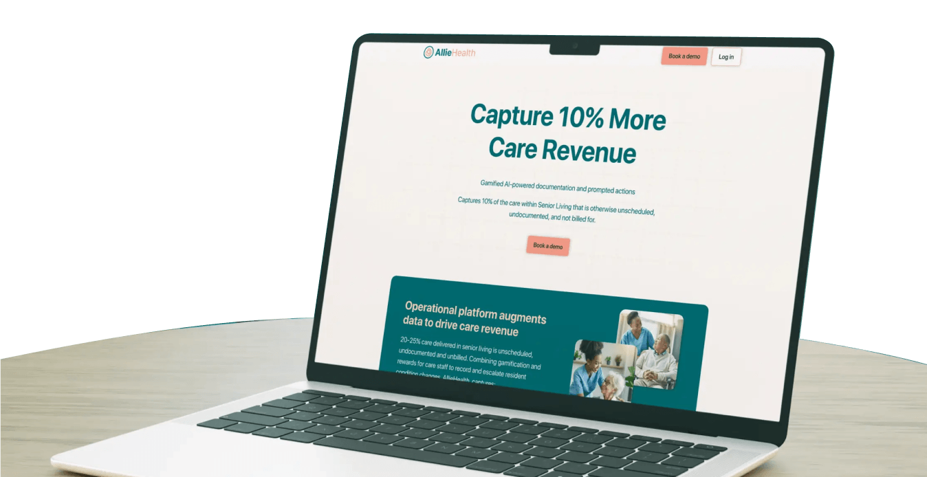 Laptop screen showing AllieHealth website about capturing 10% more care revenue with AI-powered platform.