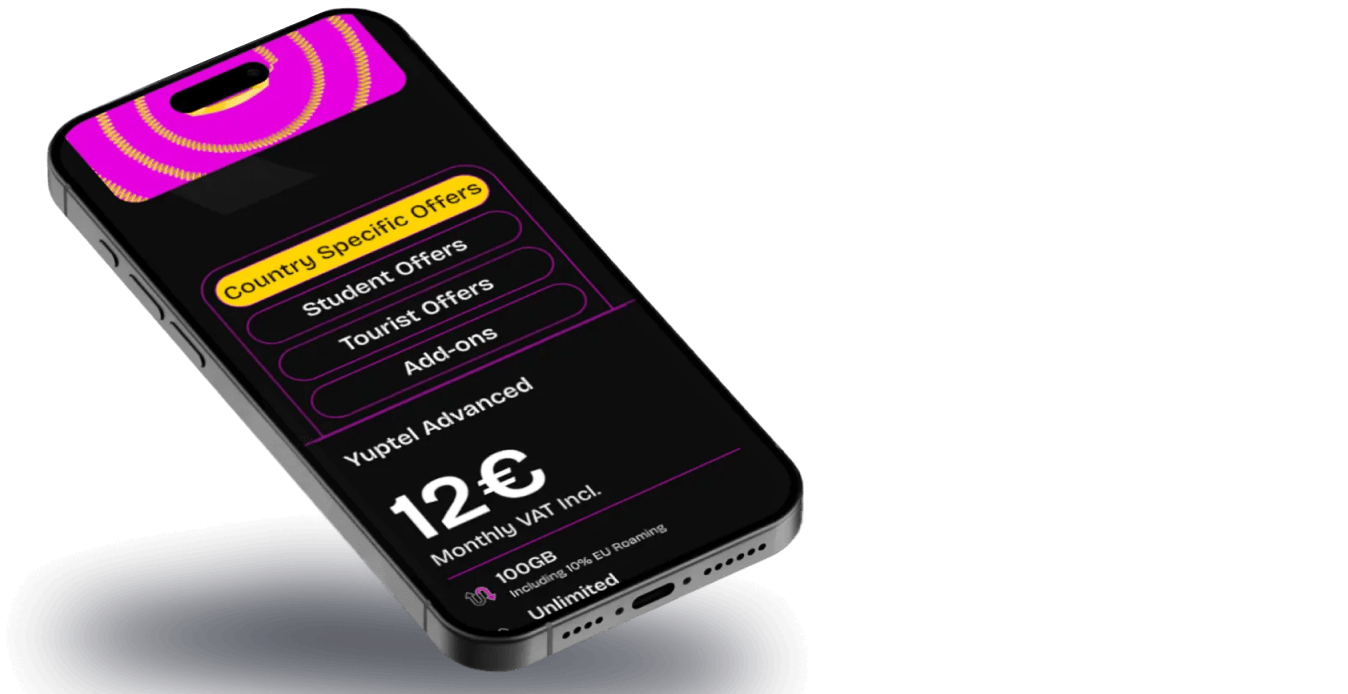 Smartphone screen showing Yurptel Advanced plan for 12 euros per month with 100GB and unlimited calls.