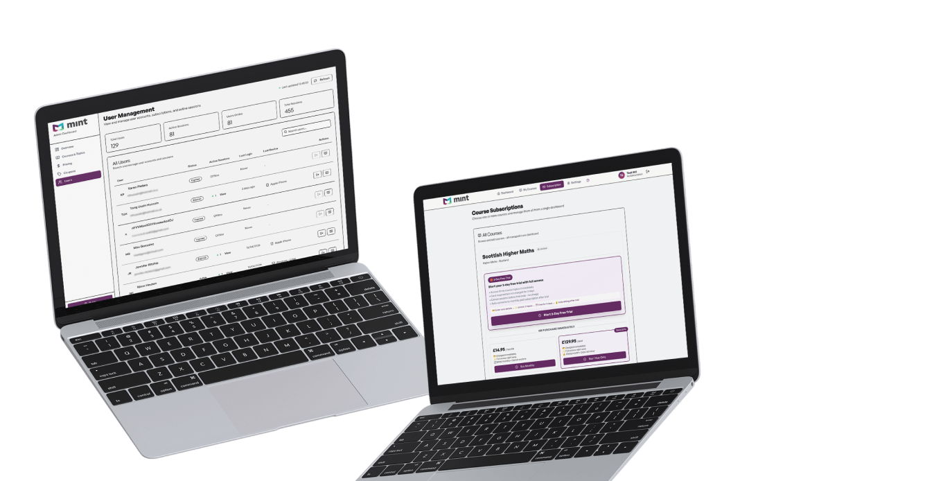 Two laptops showing Mint software screens for user management and course subscriptions.