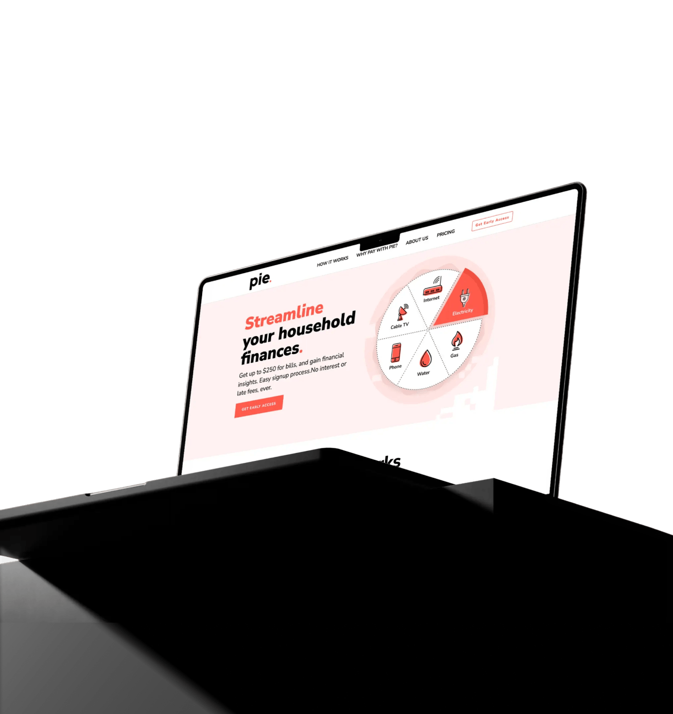 Laptop screen showing a website about streamlining household finances with a pie chart of bills.