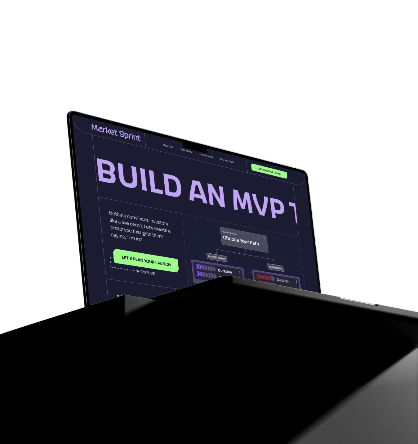 Laptop viewed from below showing a webpage with large text 'BUILD AN MVP' and navigation menu on dark background.