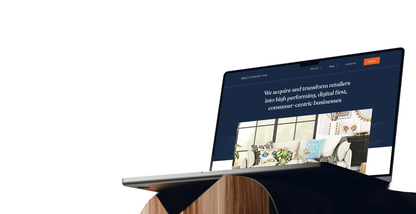 Laptop displaying a website with text about acquiring and transforming retailers into digital-first businesses.