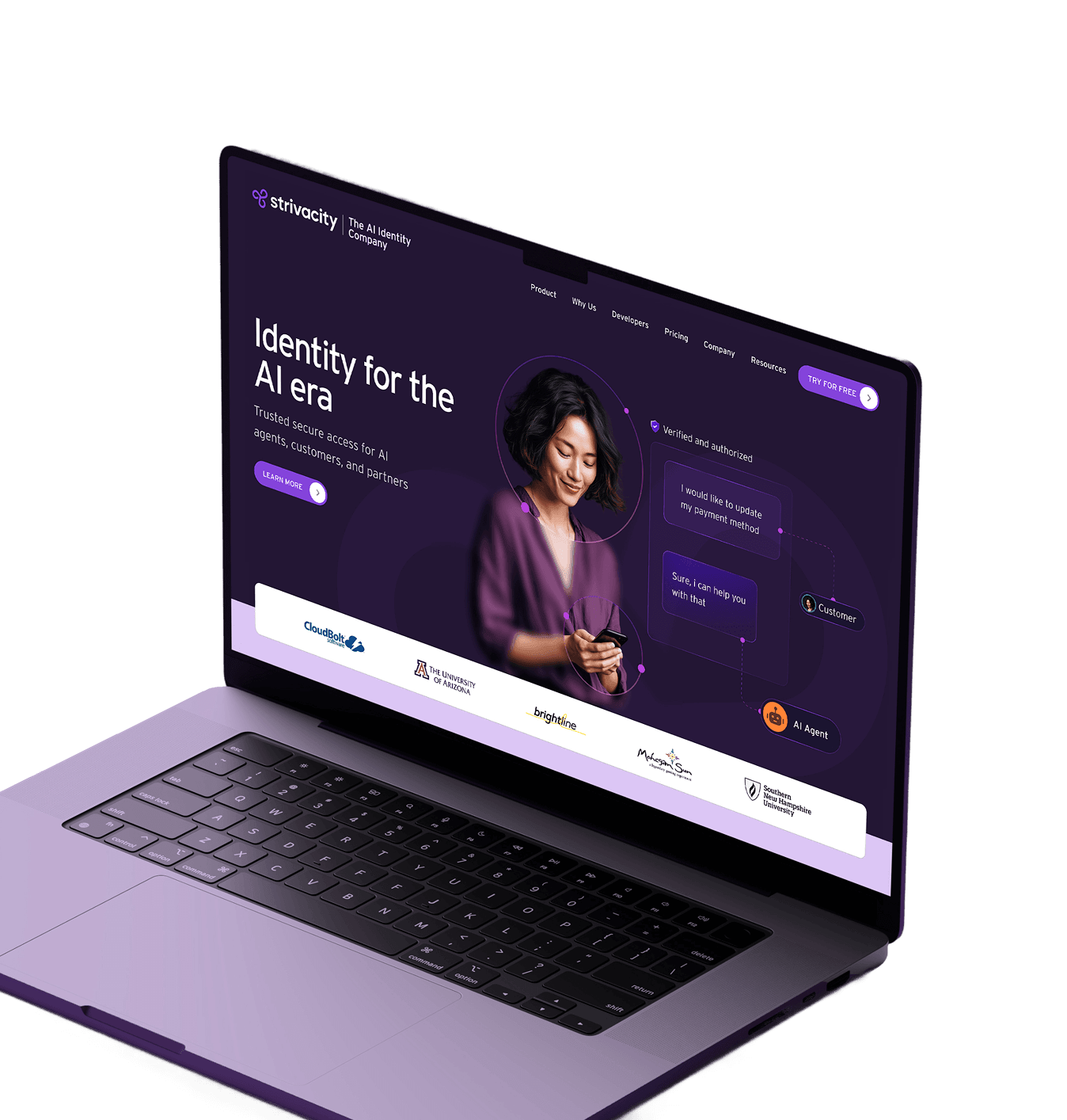 Laptop displaying Strivacity website for AI identity with a woman texting and chat bubbles between customer and AI agent.