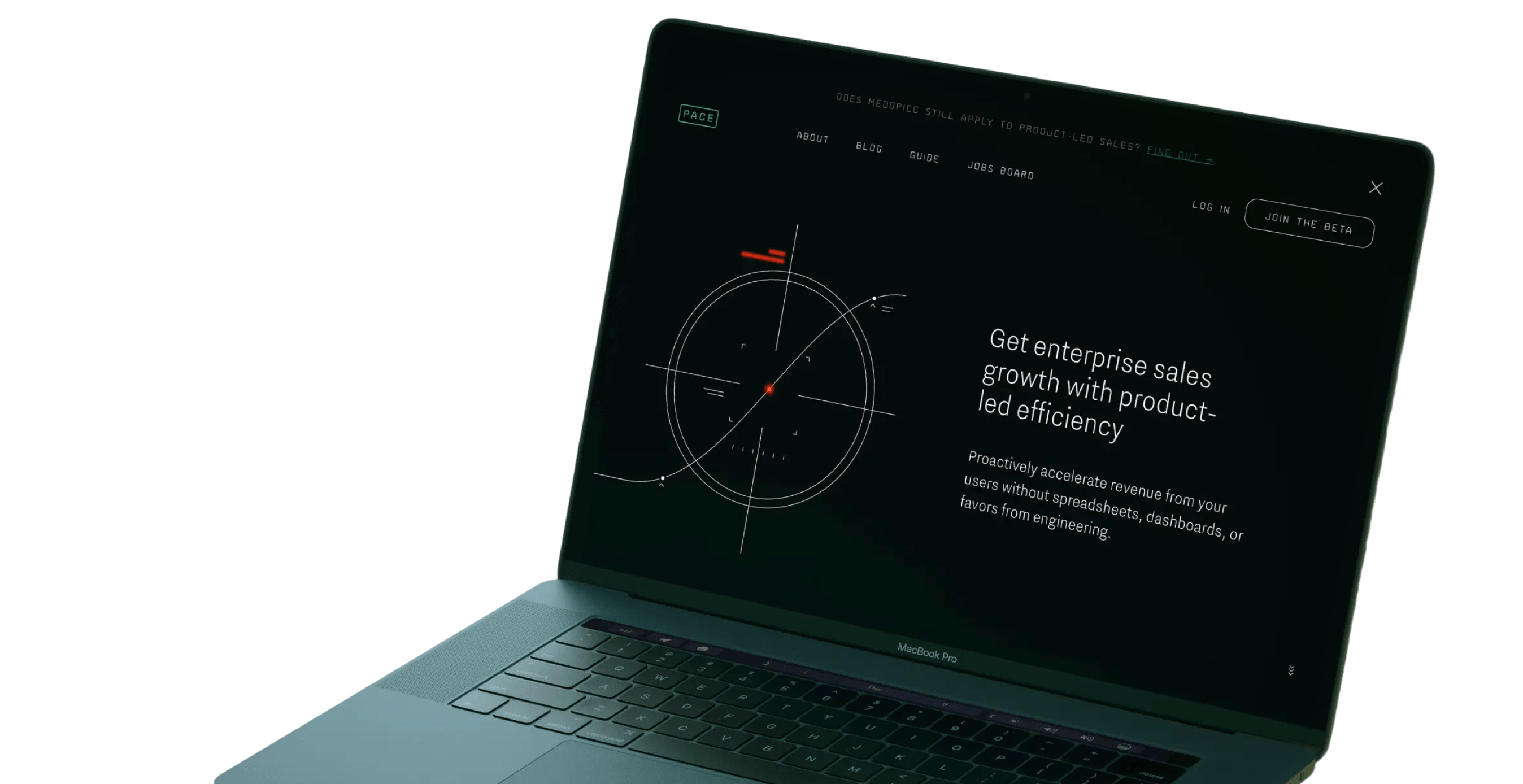 MacBook Pro showing website with text on product-led enterprise sales growth and a circular graphic.