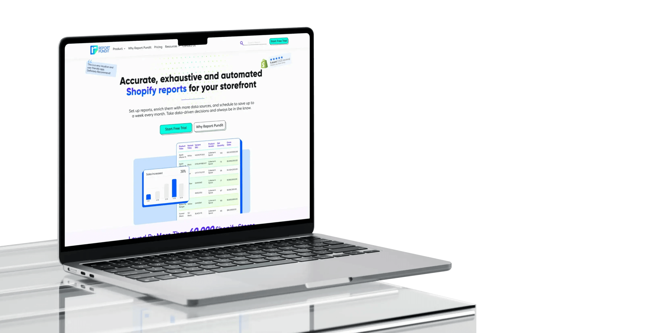Laptop displaying a webpage for automated Shopify reports with a chart and product data table.