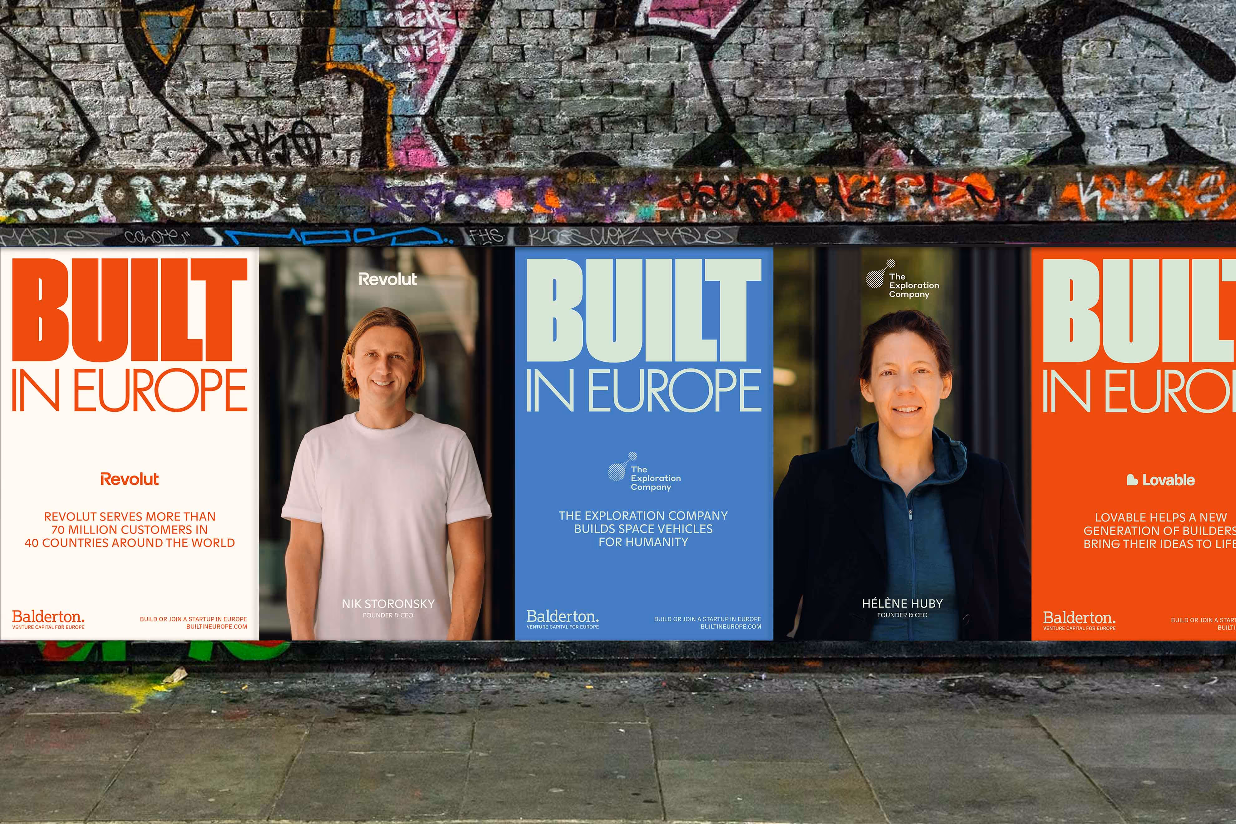 Street posters with founders Nik Storonsky and Hélène Huby featuring 'Built in Europe' and company info.