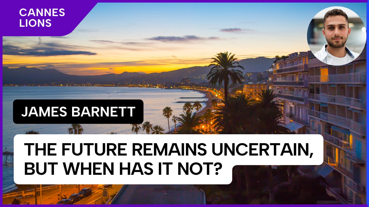 Cannes Lions blog graphic showing a coastal sunset, speaker headshot and headline: “The future remains uncertain, but when has it not?”