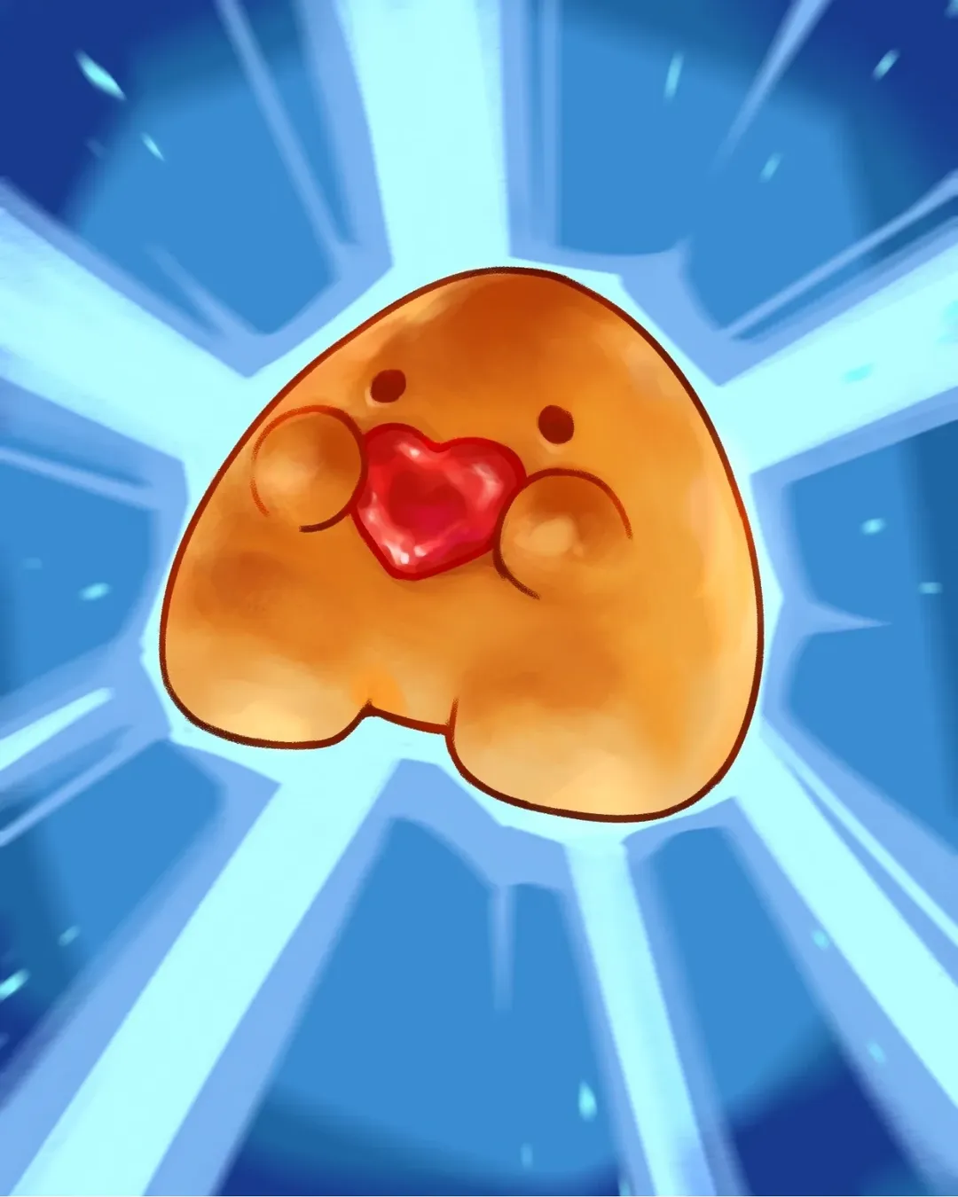 Cute cartoon character holding a red heart with glowing blue background rays.