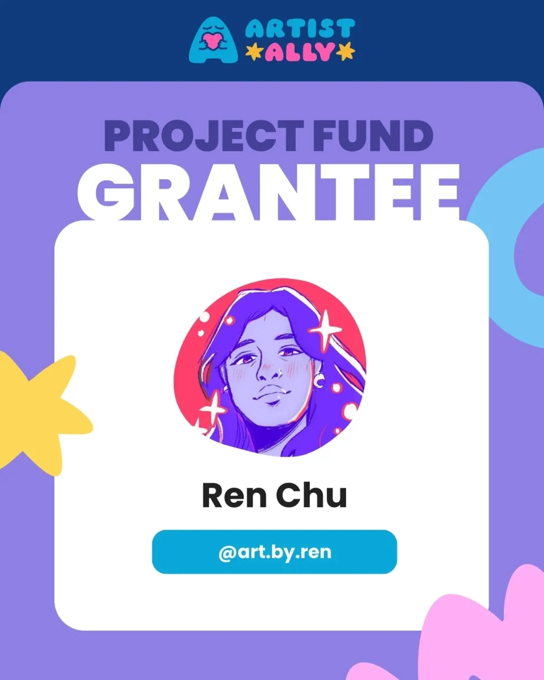 Artist Ally Project Fund Grantee Ren Chu with illustrated purple-toned portrait and handle @art.by.ren