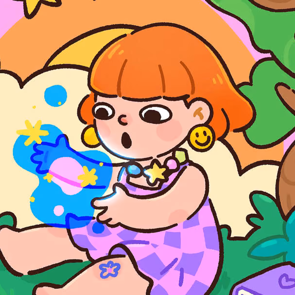 Cartoon red-haired girl in purple dress holding a glowing blue object with stars and planets.