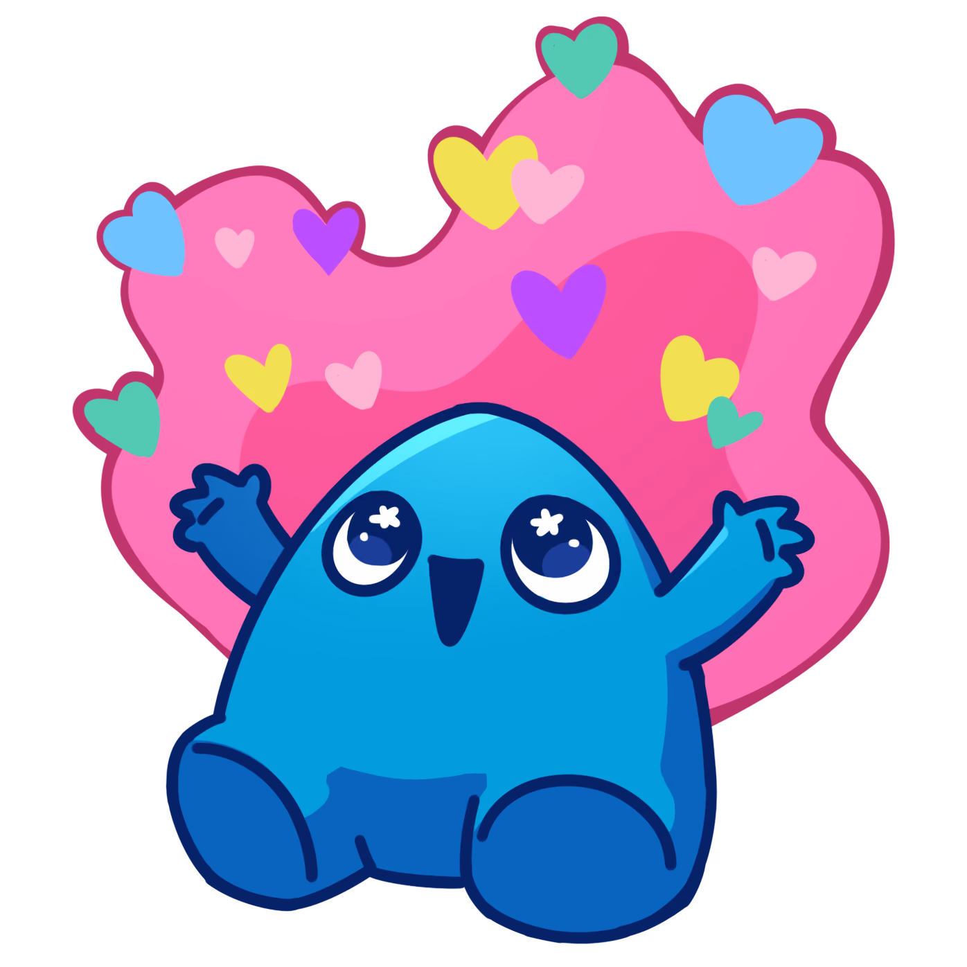Blue cartoon creature with big eyes and pink background releasing colorful heart shapes.