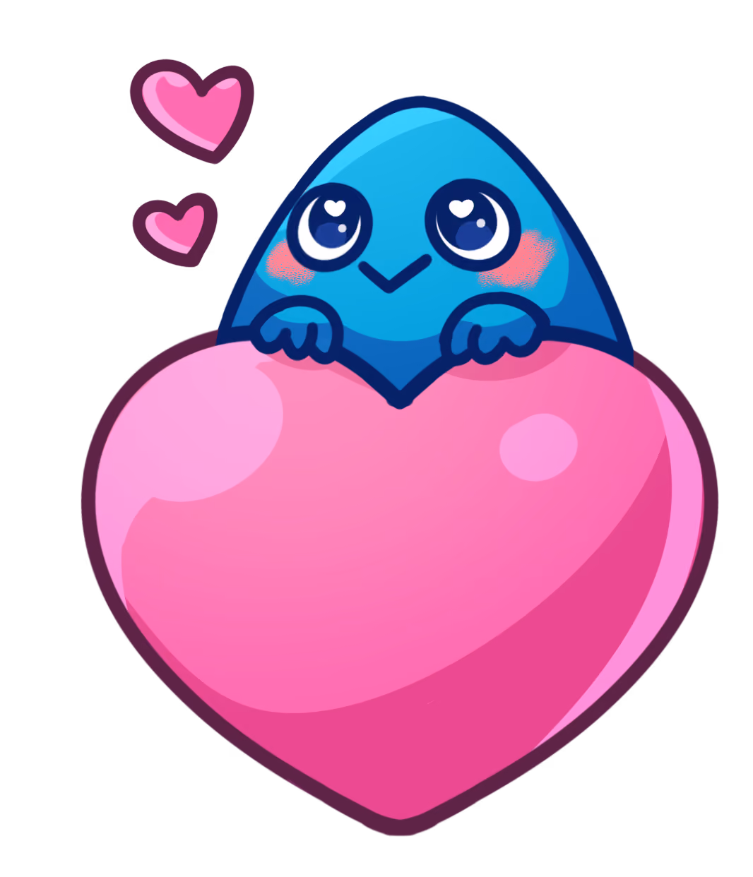 Cute blue character with big eyes hugging a shiny pink heart with two smaller hearts floating nearby.