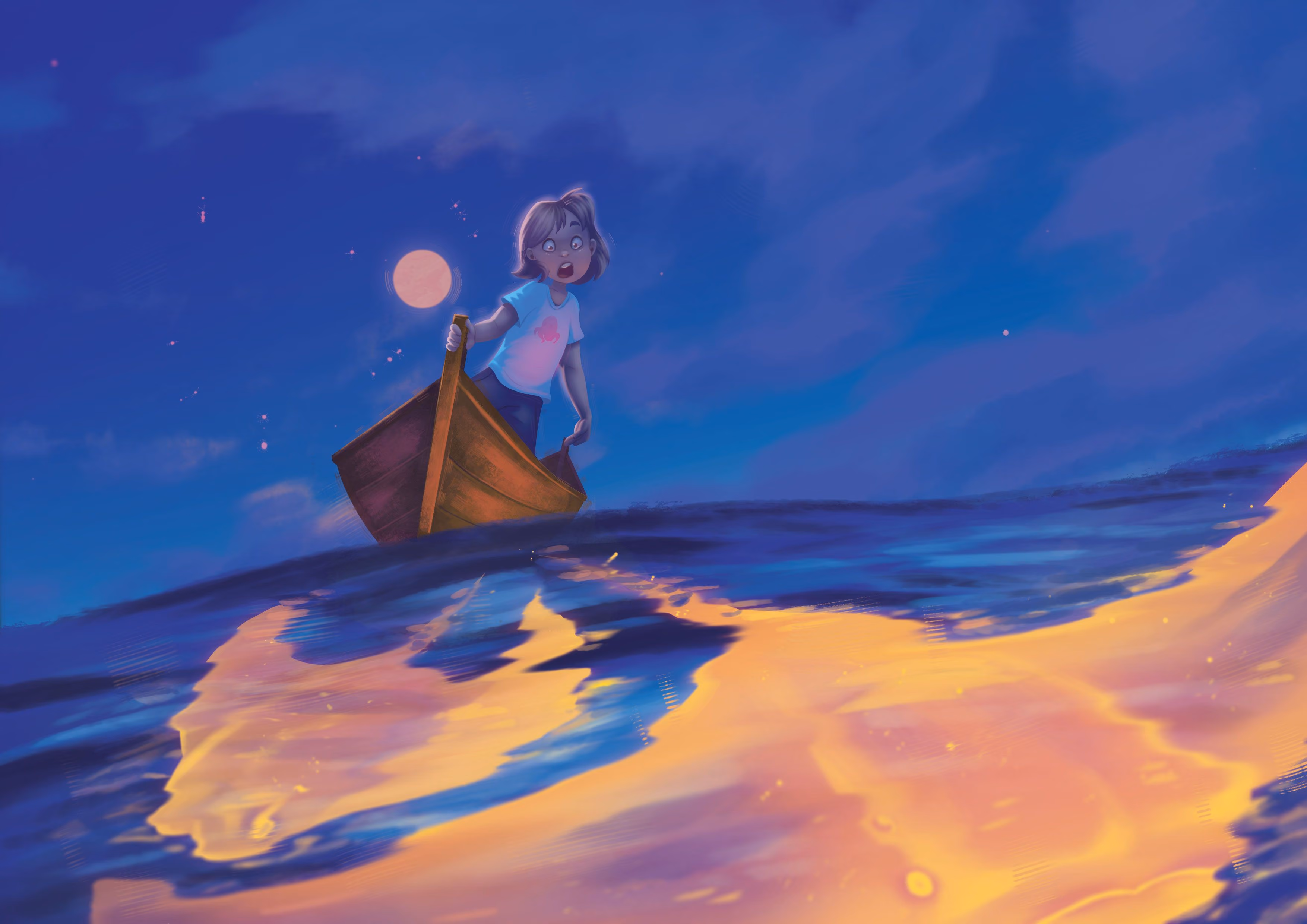 Girl in a small boat on glowing water at dusk, looking shocked with a full moon behind her.