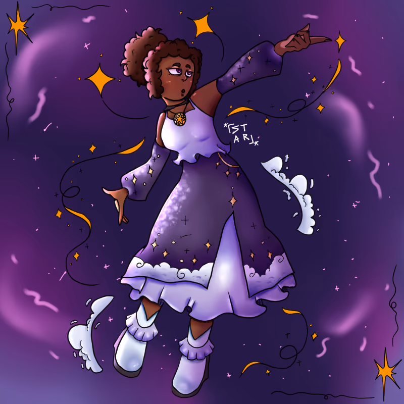 A cartoon girl in a purple starry dress floats against a glowing purple background with golden star shapes.
