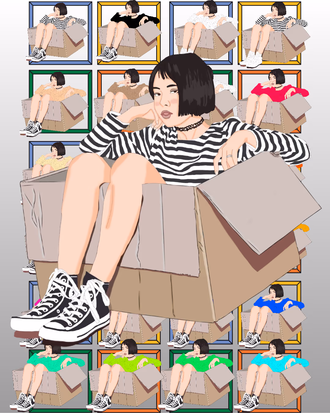 Illustration of a woman in striped shirt sitting in a cardboard box with multiple colorful versions behind her.