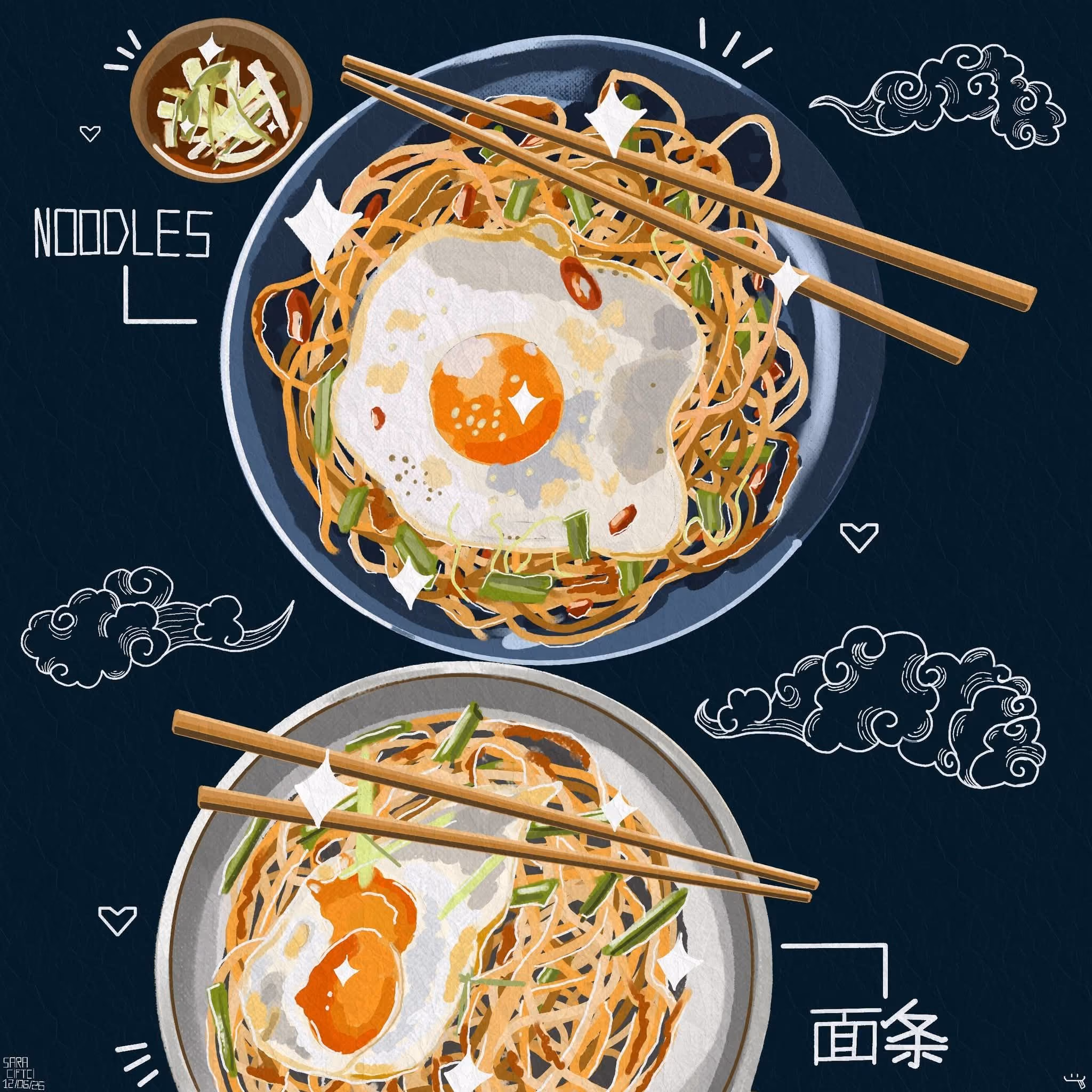Two plates of noodles with fried eggs, chopsticks on dark background with decorative clouds and text.