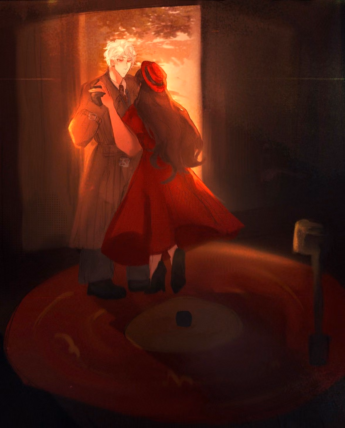Man in trench coat and woman in red dress dancing on a glowing vinyl record in warm light.