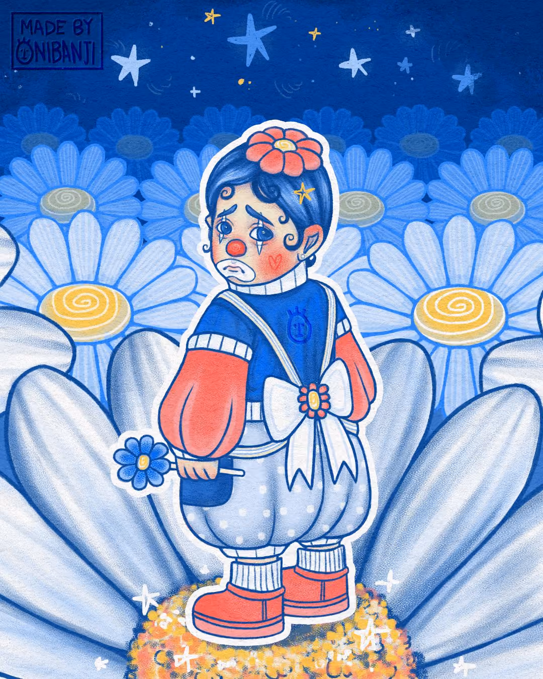 Sad clown with blue hair and red nose holding a blue flower, standing on a giant daisy under night sky.