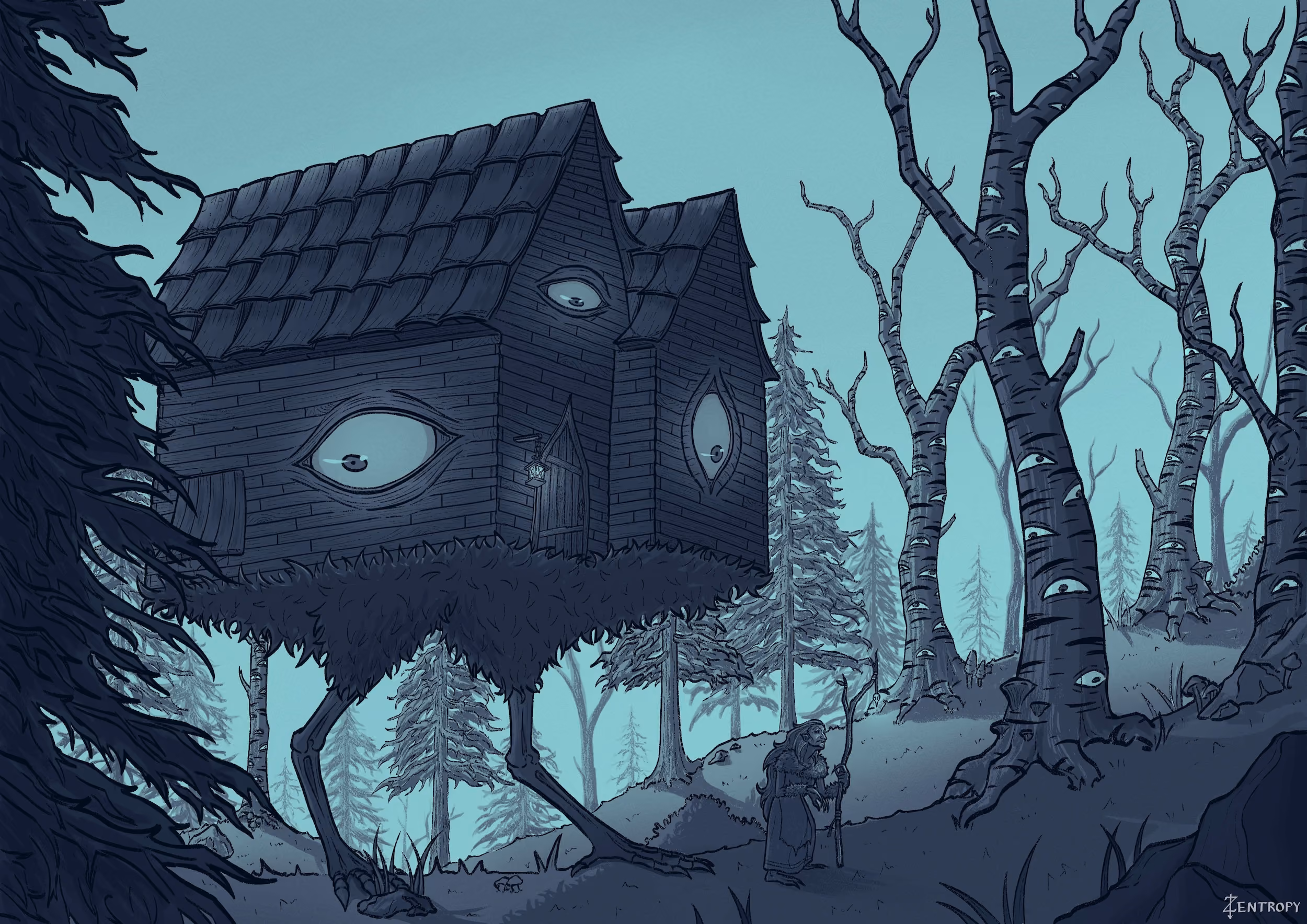 A house with eyes and bird-like legs stands in a forest with eyeglass trees and a cloaked figure nearby.