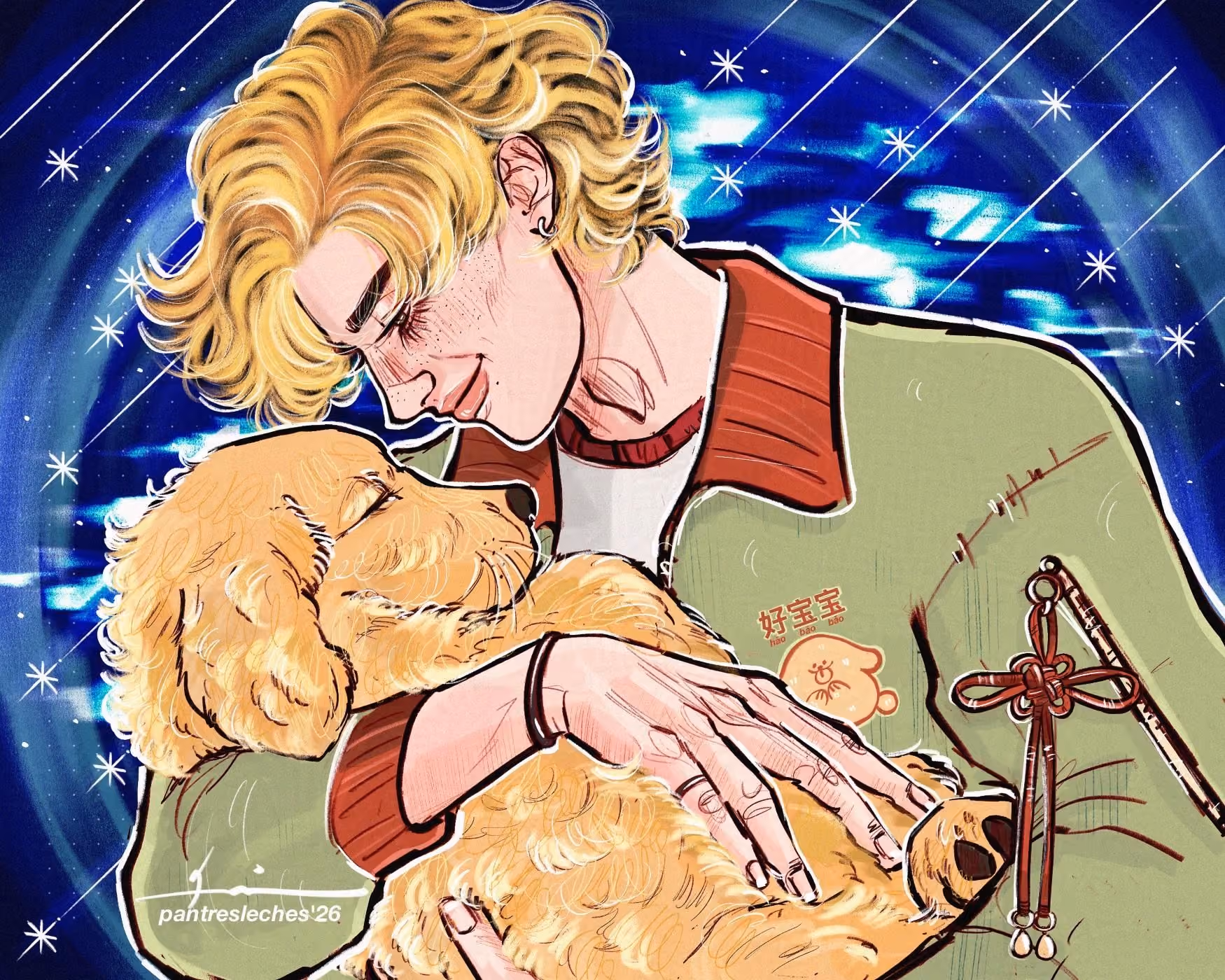 Blond person gently holding and looking lovingly at a golden retriever puppy against a starry blue background.