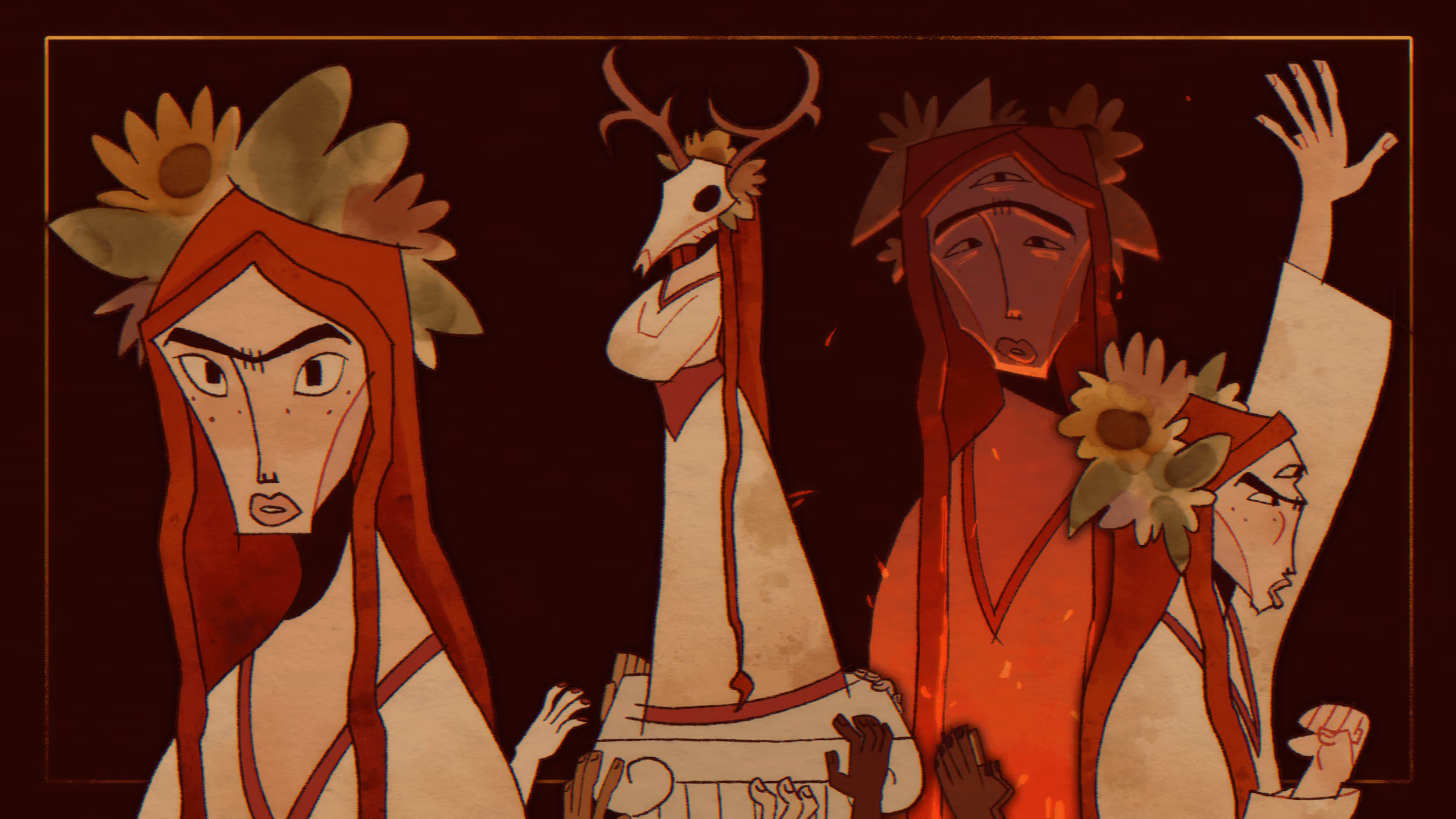Stylized figures with red cloaks, flowers, and a deer skull mask in a dark, ritualistic scene.