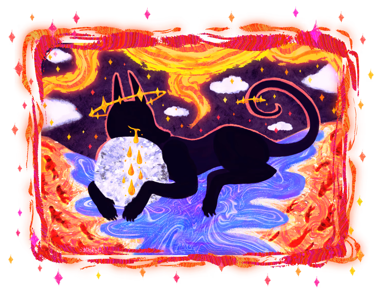 Black cat with a starry halo holds a glowing orb crying golden tears amid swirls of blue and orange.