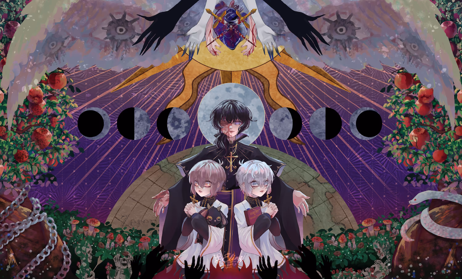 Three characters with crosses and moon phases above, surrounded by apples, mushrooms, chains, and shadowy hands.