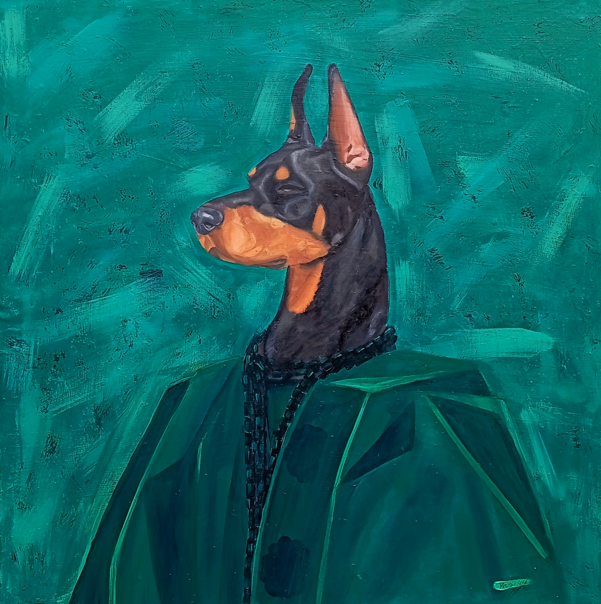 Painting of a Doberman with cropped ears in a green robe against a textured green background.