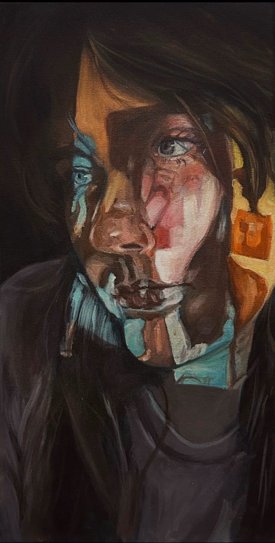 Abstract painted portrait of a person with a mix of warm and cool tones on their face and blue eyes.