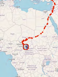 Landkarte mit einer rot gepunkteten Zugroute von Europa über Ägypten in den Tschad