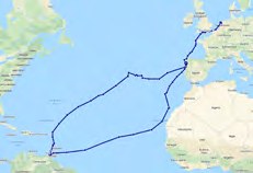 Karte des Atlantiks mit eingezeichneter Segelroute von Europa in die Karibik und zurück