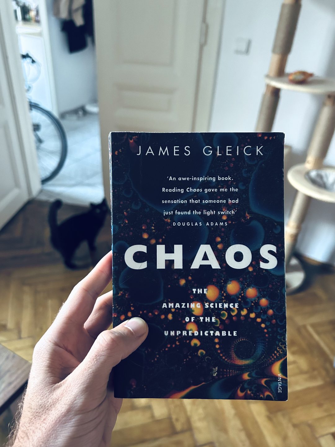 Eine Hand hält das Buch „Chaos“ von James Gleick, im Hintergrund eine schwarze Katze
