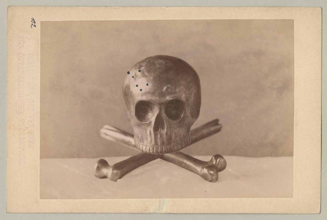 Historische Fotografie einer Sargauflage in Form eines Totenkopfs