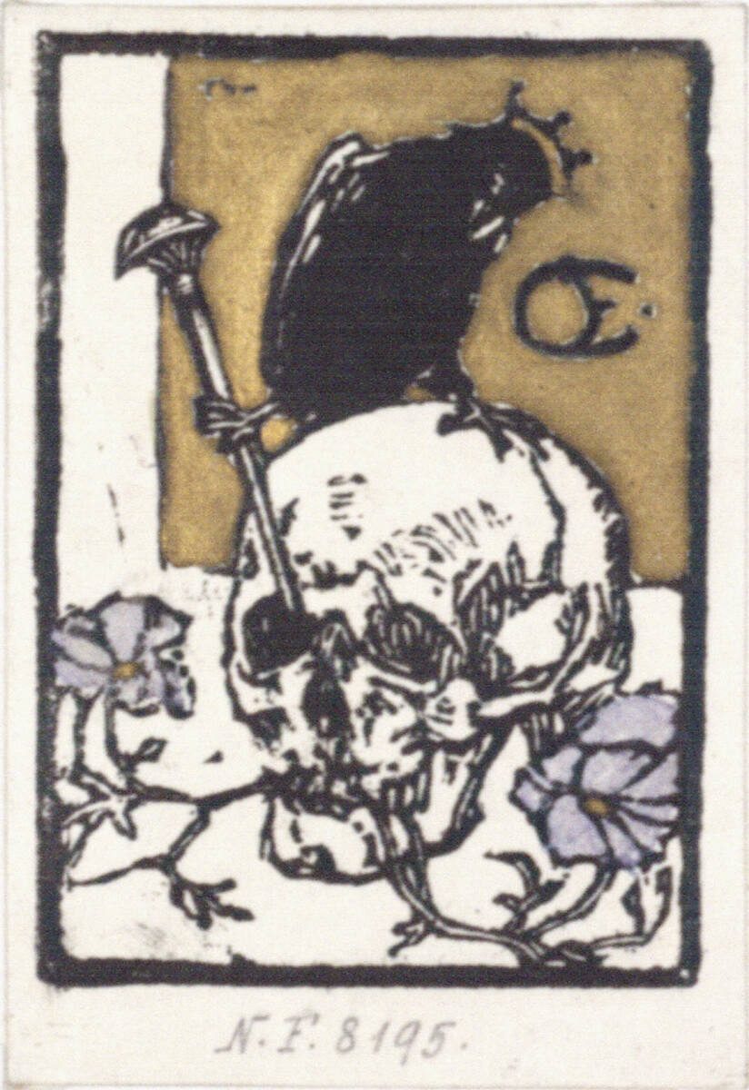 Kolorierter Holzschnitt „Totenkopf“ von Emil Orlik: ein Schädel mit einem Dolch im Auge