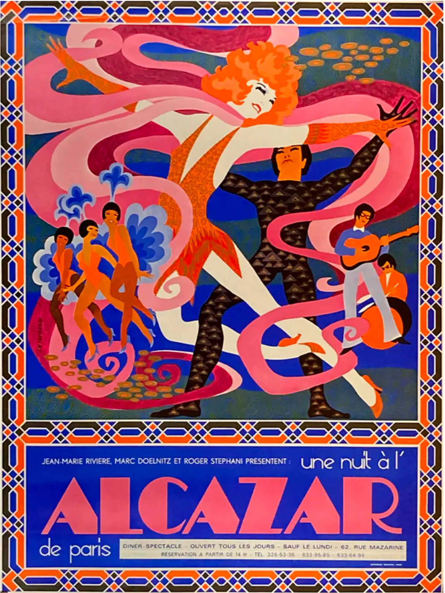 Affiche vintage du spectacle Une Nuit à l'Alcazar de Paris, illustration colorée années 70